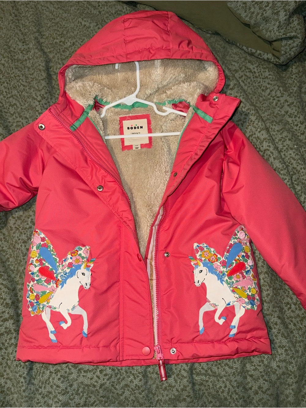Boden Girls' Pink Unicorn Print Hooded Coat